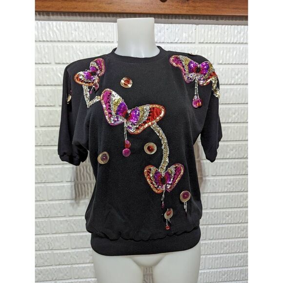Victoria Harbor Women's Black Sequin Butterfly Pullover Crew Neck Shirt Small - Picture 1 of 7